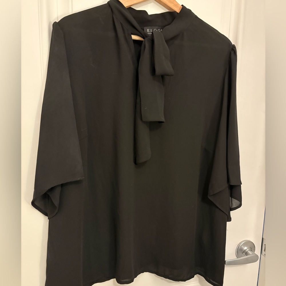 Eloquii Black Tie-Neck Blouse with Flutter Sleeves